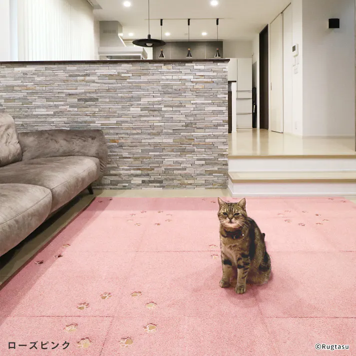 【4枚入】 50×50cm ペット おすすめ ラグタス タイルラグ てくてく肉球 すべり止め 付き 洗える タイルカーペット 50cm角 正方形 子犬 子猫 老犬 シニア (ローズピンク)