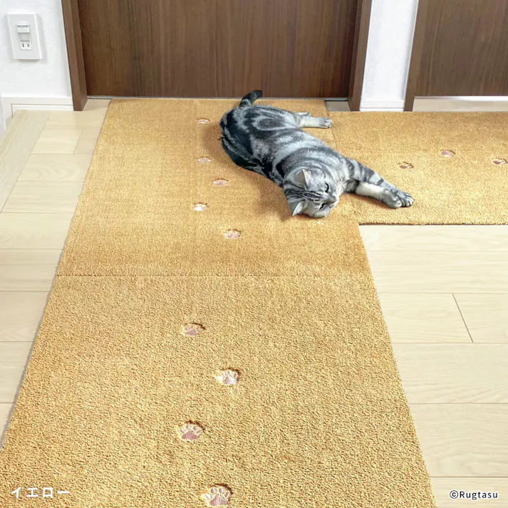 【1枚売り】 60×90cm ペット おすすめ ラグタス 廊下 敷き ロングマット てくてく肉球 すべり止め 付き 洗える 子犬 子猫 老犬 シニア (イエロー)肉球刺繍あり