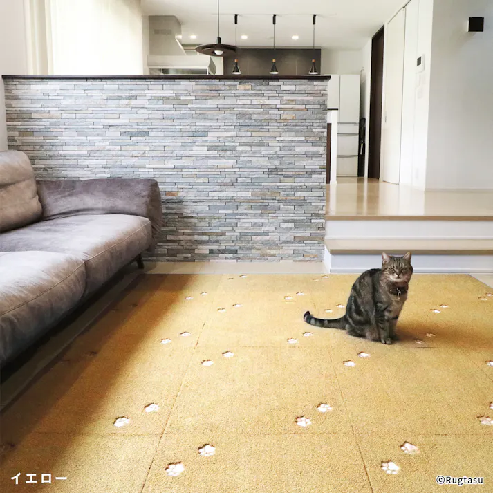 【4枚入】 50×50cm ペット おすすめ ラグタス タイルラグ てくてく肉球 すべり止め 付き 洗える タイルカーペット 50cm角 正方形 子犬 子猫 老犬 シニア (イエロー)