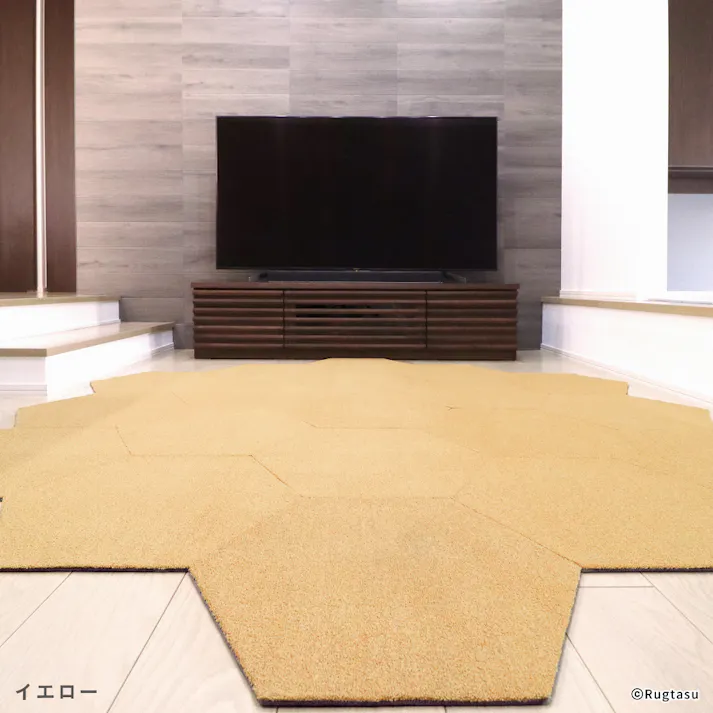 【4枚入】 50×43cm ペット おすすめ ラグタス タイルラグ ヘキサゴン すべり止め 付き 洗える タイルカーペット 六角形 子犬 子猫 老犬 シニア (イエロー)