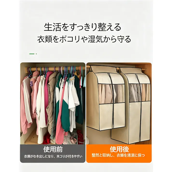 衣類カバー 洋服カバー ハンガーラック用ダストカバー 不織布 立体型 衣類収納 防塵 防湿