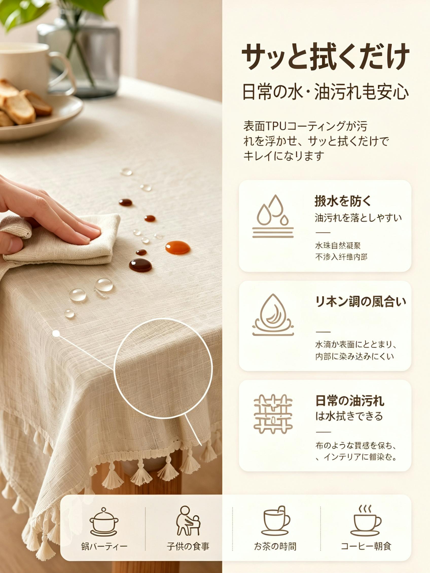 細リネン調テーブルクロス 防水 防油 TPU コーティング付き タッセル
