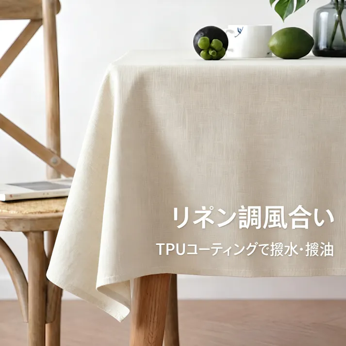 細リネン調テーブルクロス 防水 防油 TPU コーティング付き タッセル付き卓布