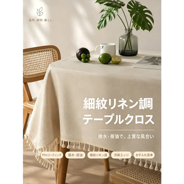 細リネン調テーブルクロス 防水 防油 TPU コーティング付き タッセル付き卓布