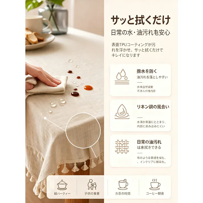 細リネン調テーブルクロス 防水 防油 TPU コーティング付き タッセル付き卓布