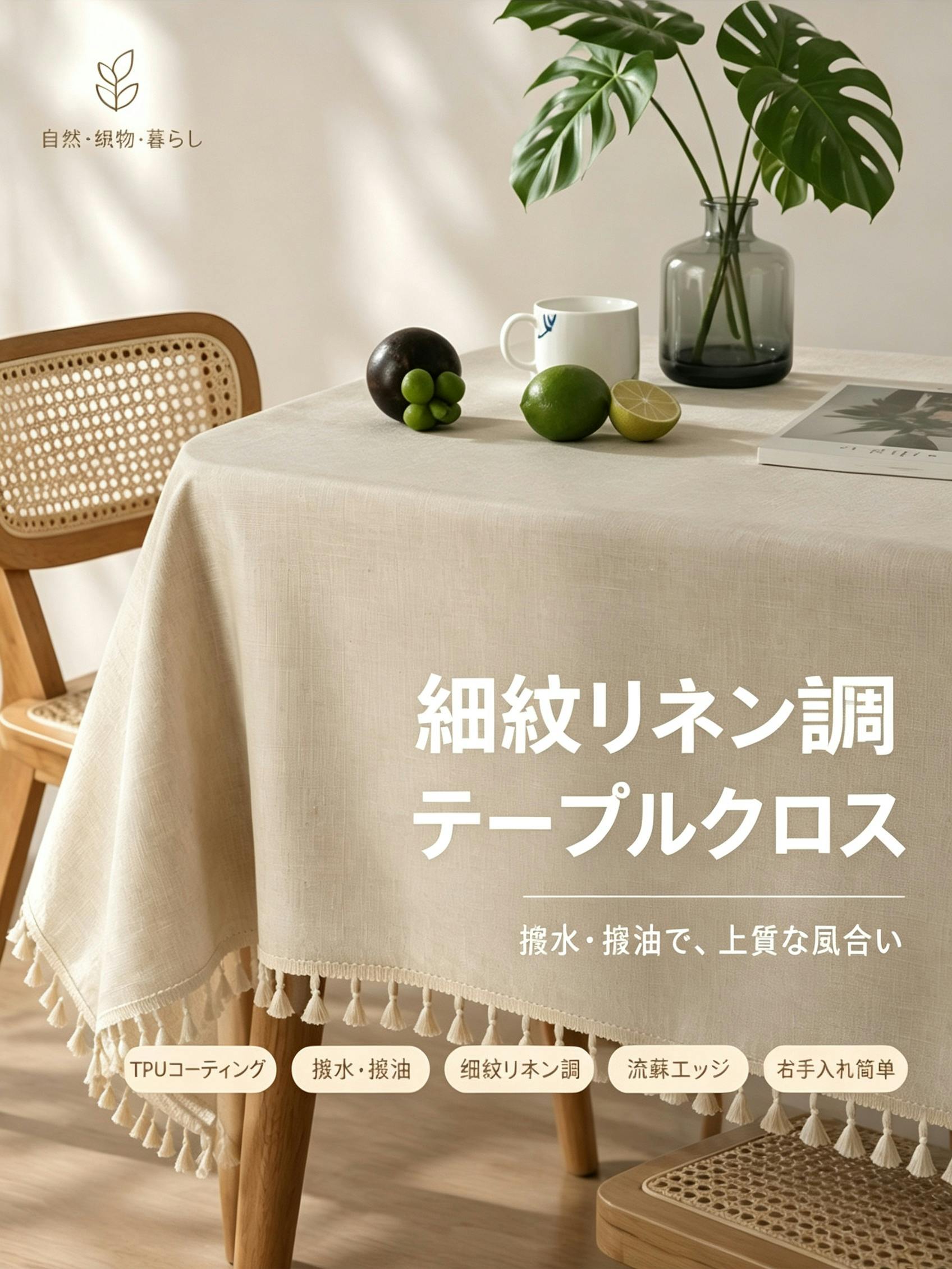 細リネン調テーブルクロス 防水 防油 TPU コーティング付き タッセル