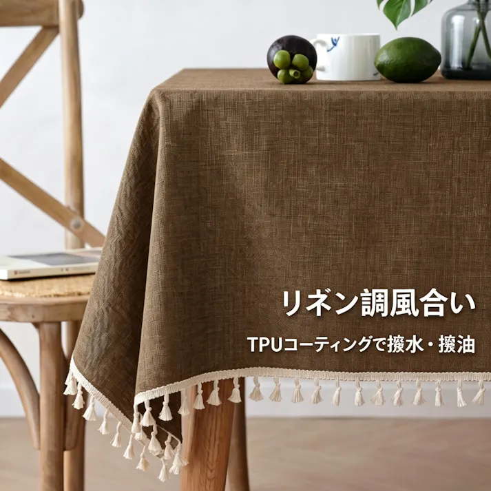 細リネン調テーブルクロス 防水 防油 TPU コーティング付き タッセル付き卓布