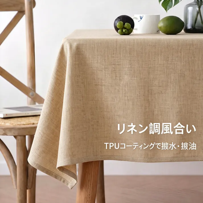 細リネン調テーブルクロス 防水 防油 TPU コーティング付き タッセル付き卓布