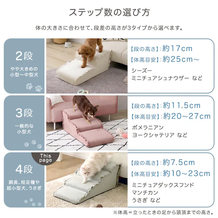 大人かわいい フリル付きベロアペットステップ 4段【Chammy -チャミー-】/色:ピンク ドッグステップ ペットステップ 小型犬 ステップ 老犬 階段 北欧 ペット用品 犬 ソファ 昇り降り フリル付き/お客様組立て【送料込み】