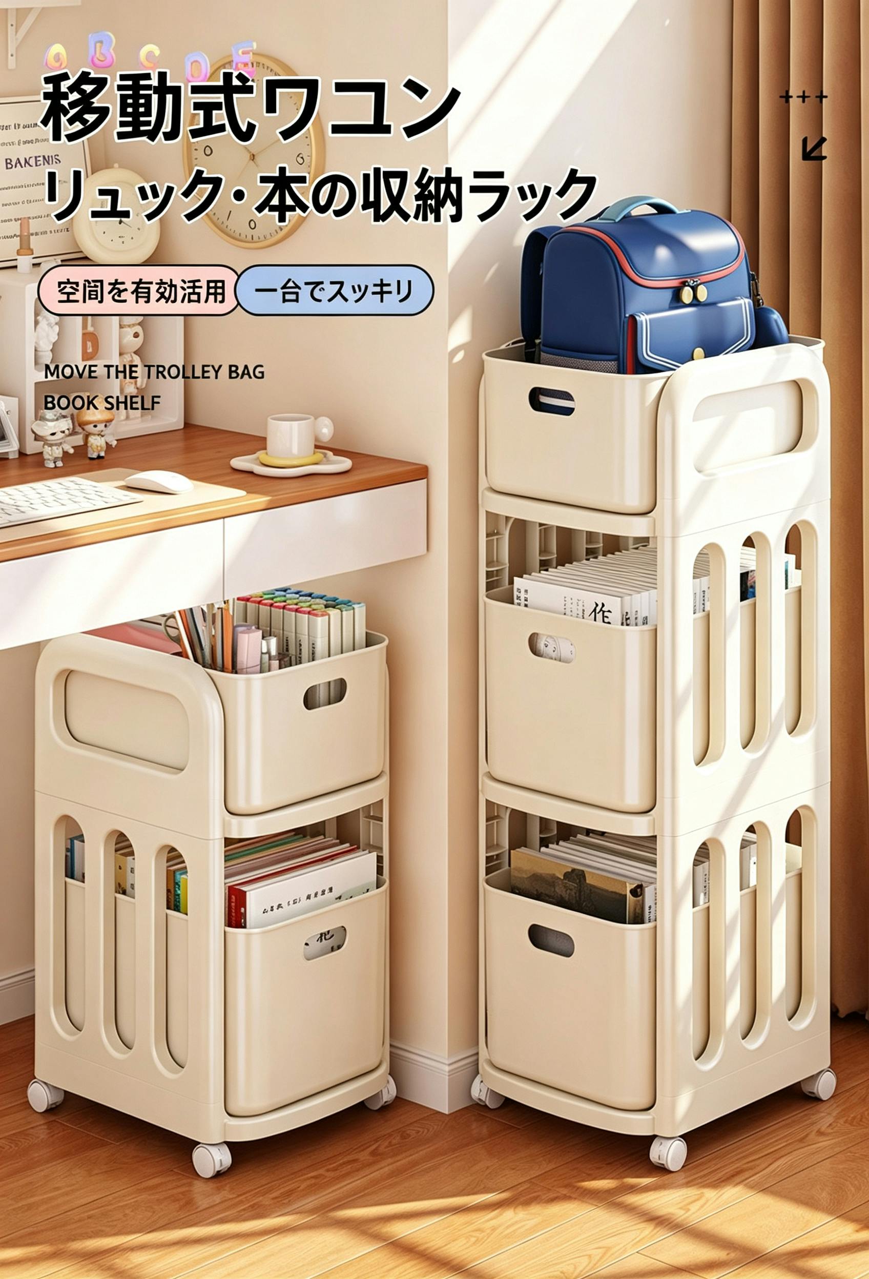 キャスター付き収納ワゴン 机下収納ラック リュック 本収納 引き出し式