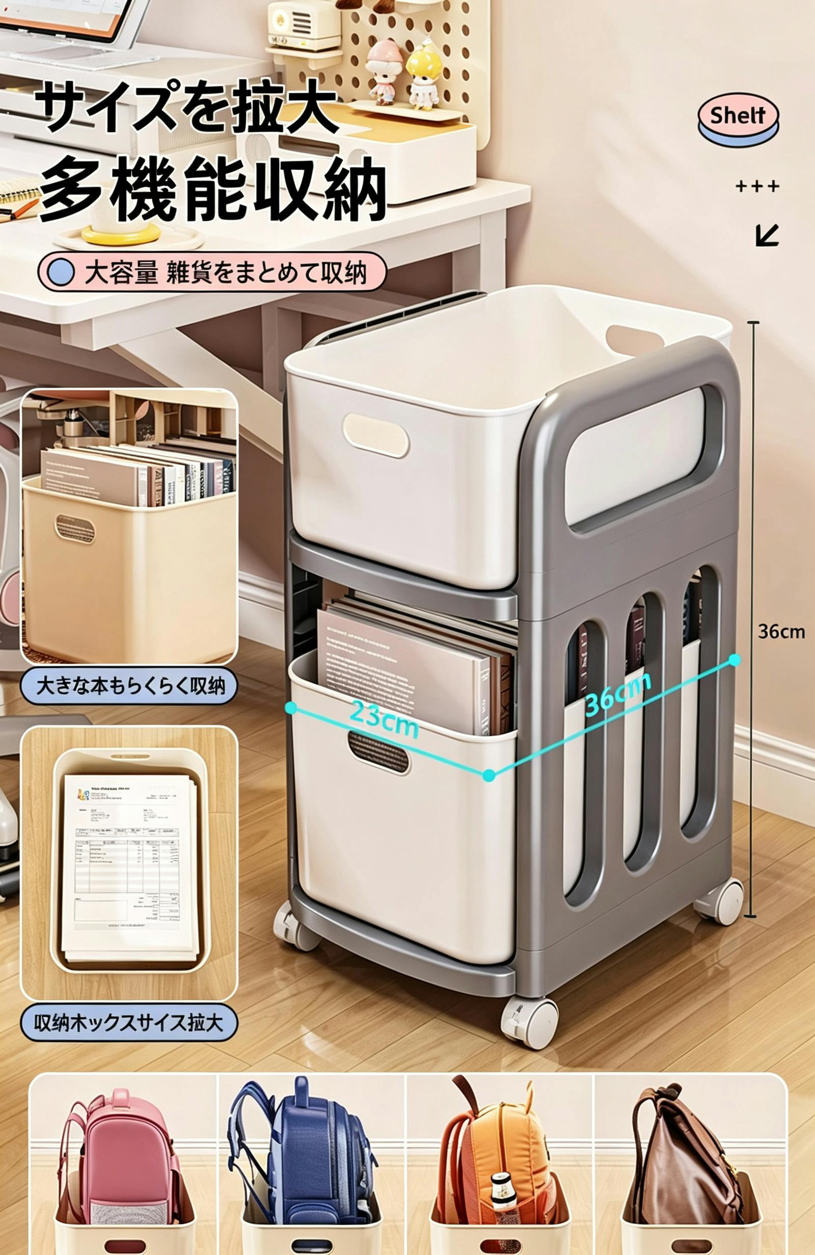 キャスター付き収納ワゴン 机下収納ラック リュック 本収納 引き出し式