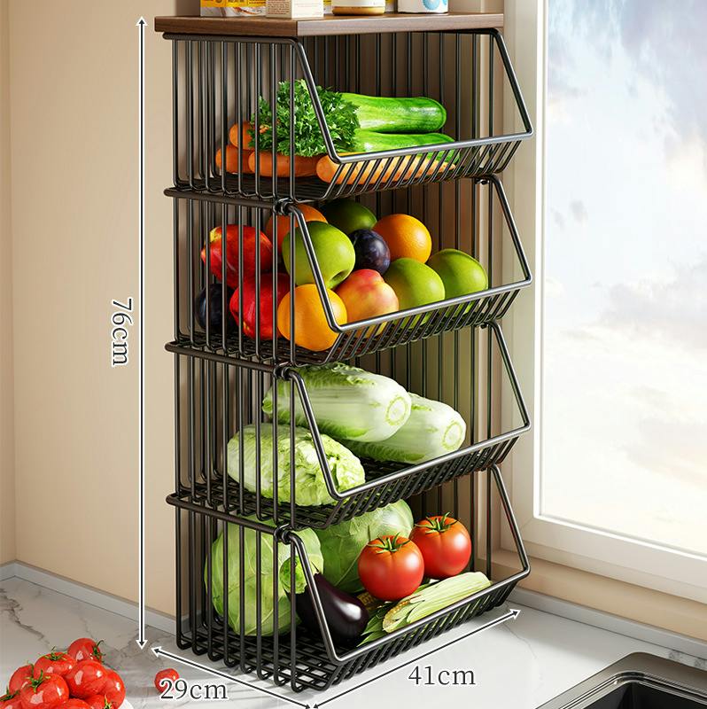 キッチン収納ラック 野菜ストッカー 多段収納カゴ 鉄製収納棚 木天板