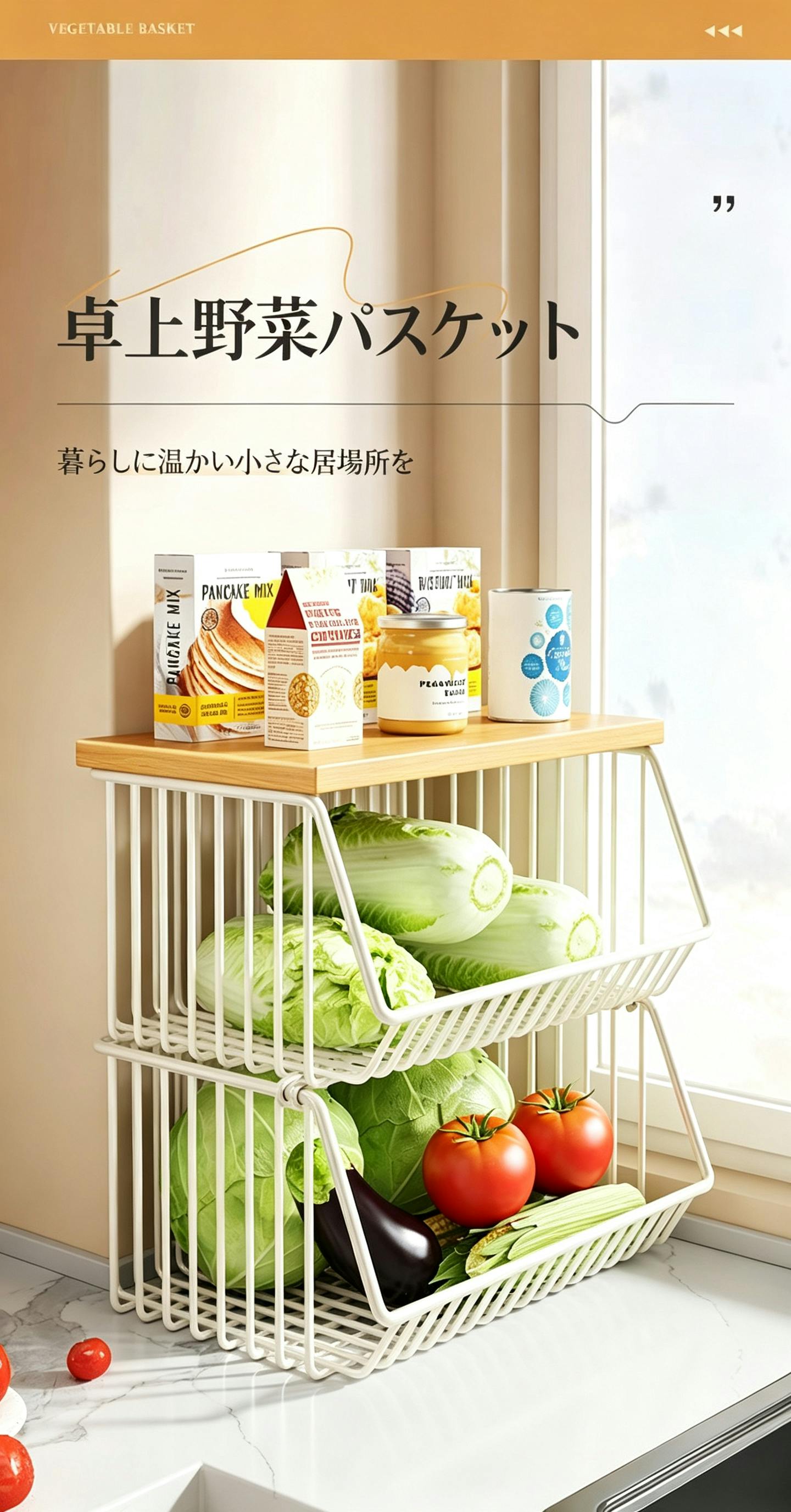 キッチン収納ラック 野菜ストッカー 多段収納カゴ 鉄製収納棚 木天板