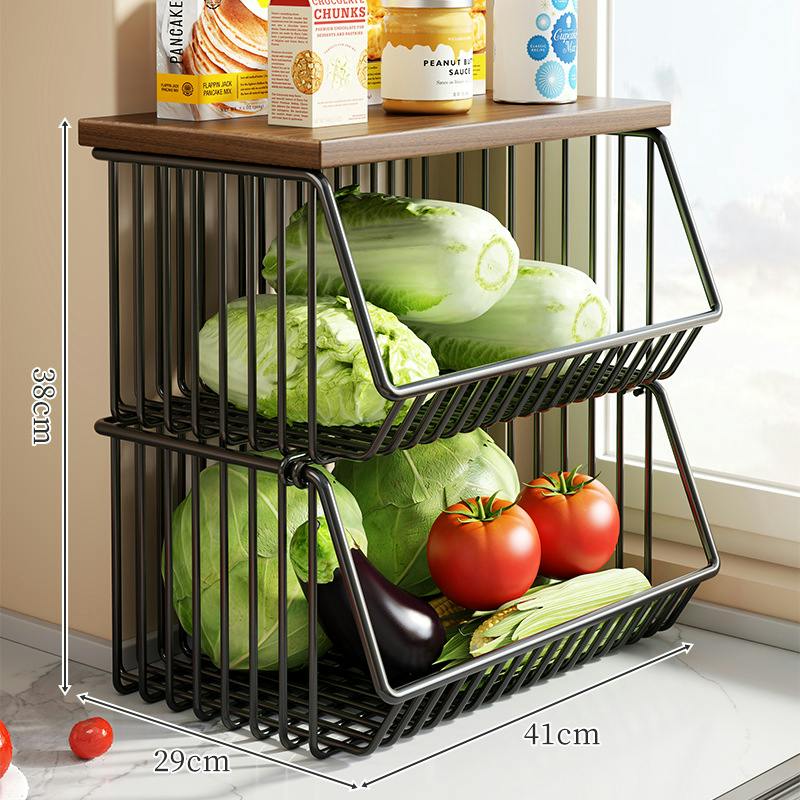 キッチン収納ラック 野菜ストッカー 多段収納カゴ 鉄製収納棚 木天板