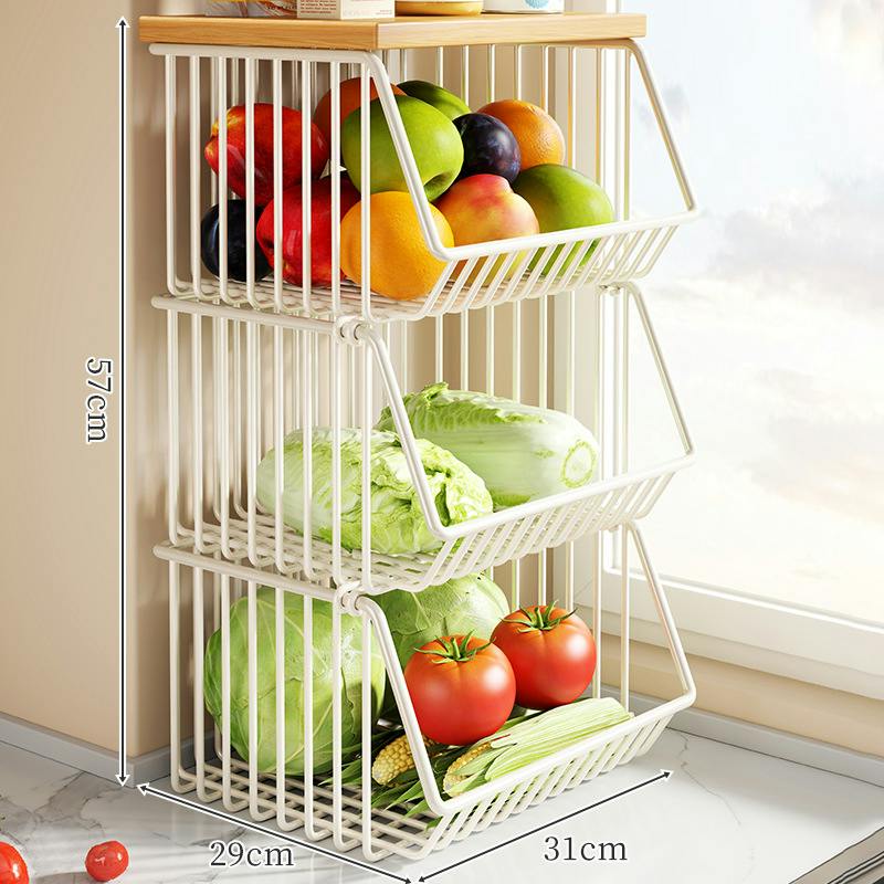 キッチン収納ラック 野菜ストッカー 多段収納カゴ 鉄製収納棚 木天板