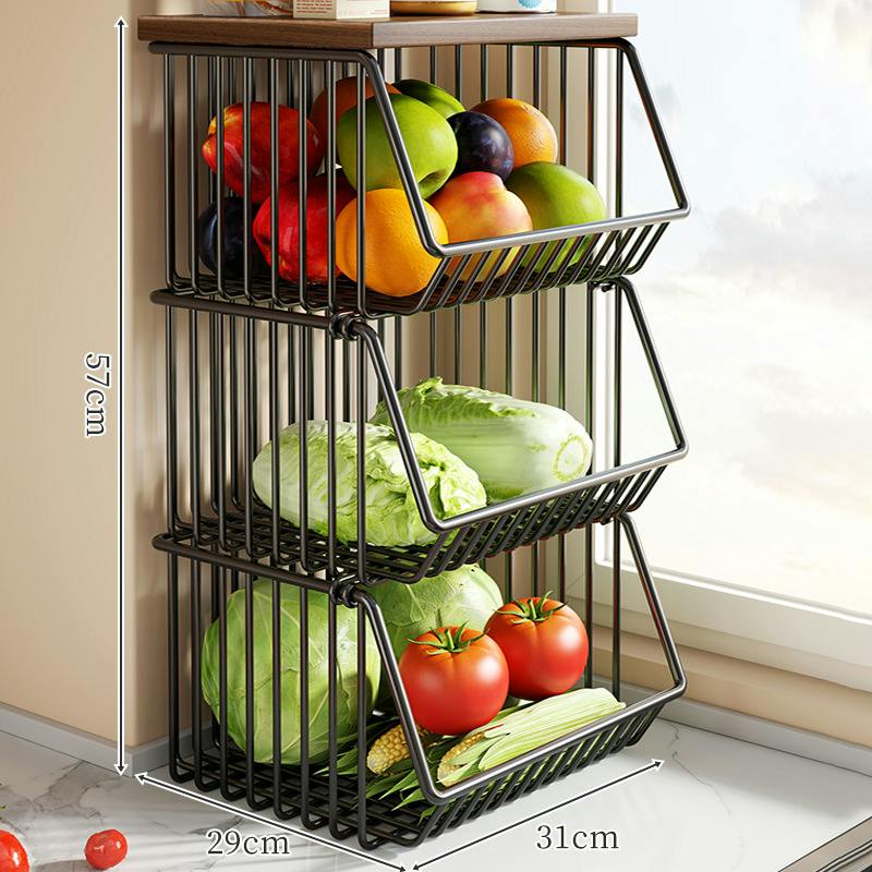 キッチン収納ラック 野菜ストッカー 多段収納カゴ 鉄製収納棚 木天板