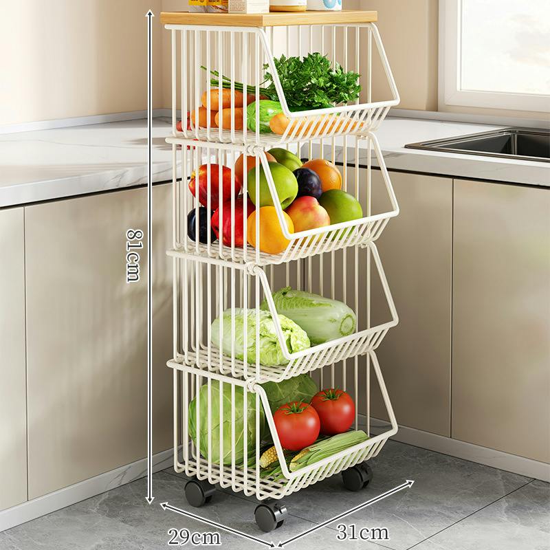 キッチン収納ラック 野菜ストッカー 多段収納カゴ 鉄製収納棚 木天板