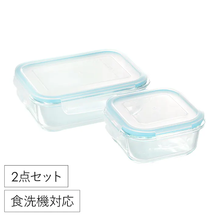 保存容器 耐熱ガラス レンジ対応 2点セット 密閉 角型 食洗器OK 長方形 ガラス容器 電子レンジ対応 食洗器対応 セット 四角