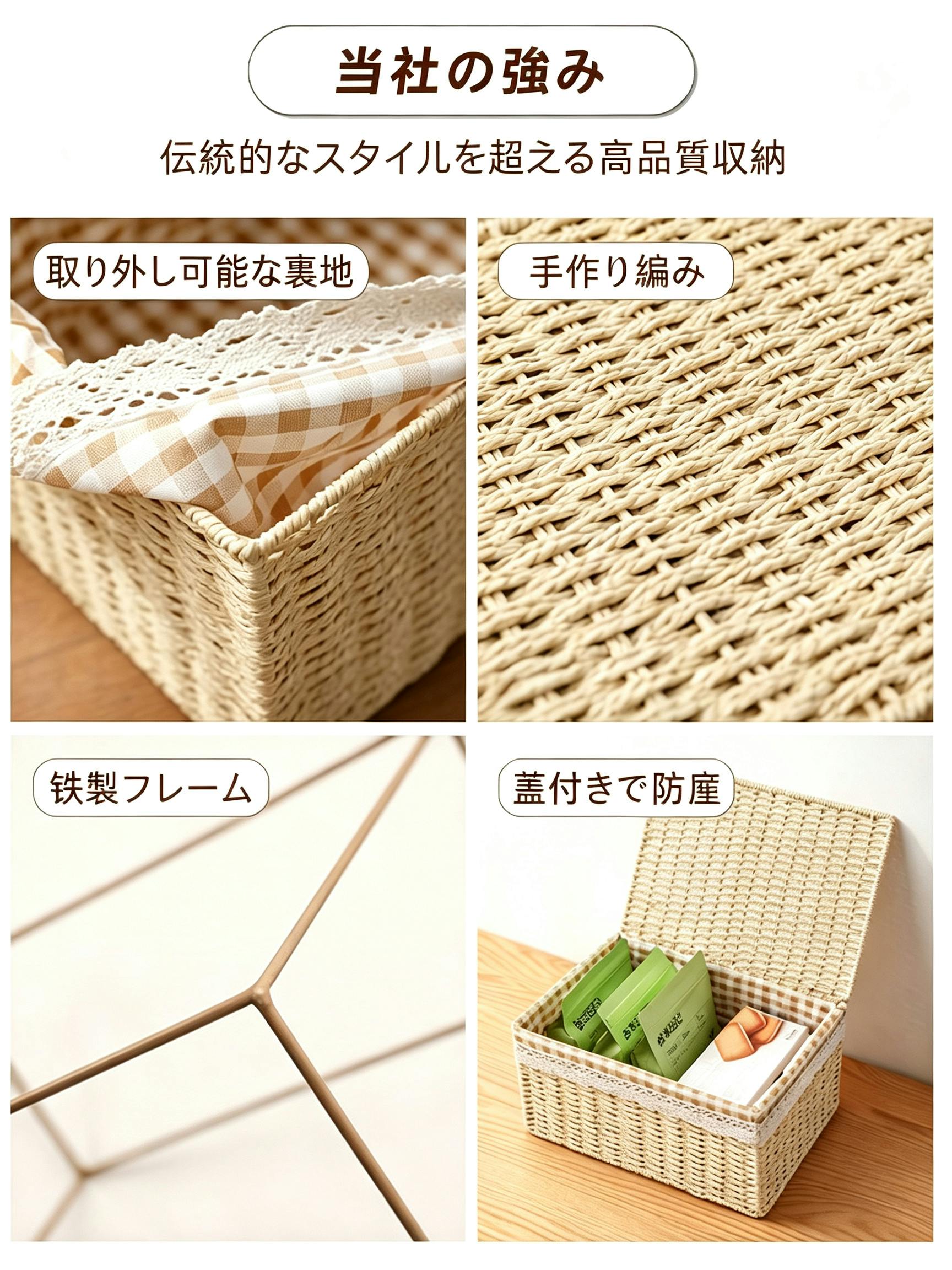手編み収納ボックス フェイクラタン収納かご 蓋付き収納ケース