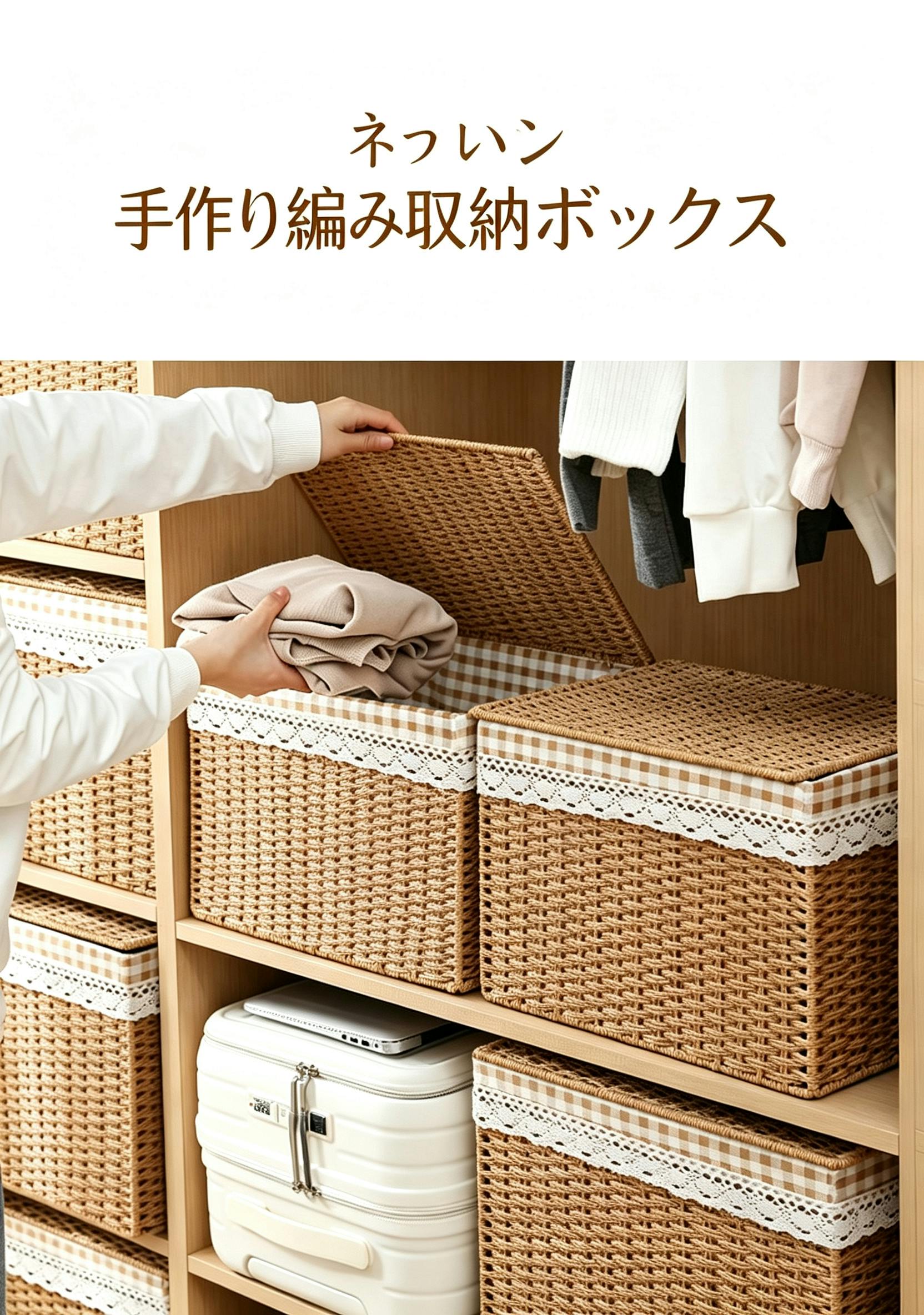 オーダー可　エコクラフト　焦げ茶色収納かご 手編み収納ボックス フェイクラタン収納かご 蓋付き収納ケース