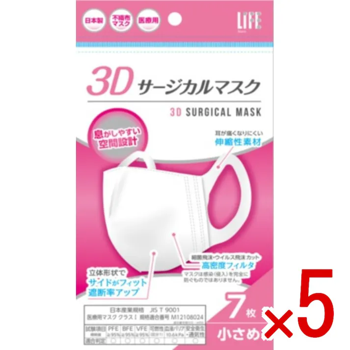 【5点まとめ買い】3Dサージカルマスク小さめサイズ7枚 × 5点 平和メディク 細菌飛まつ、ウイルス飛まつ、血液に対するバリア性と快適な着用性 【送料込み】