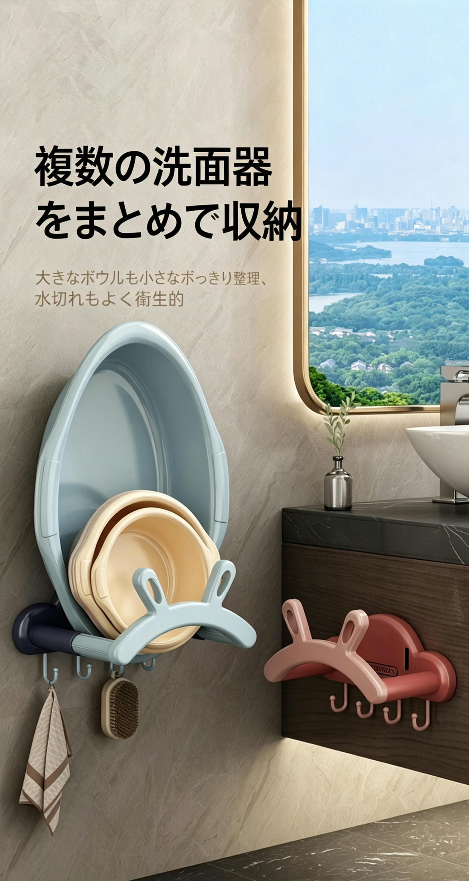 伸縮洗面器ラック 穴あけ不要 壁掛け収納 うさぎ耳デザイン PP 製 浴室
