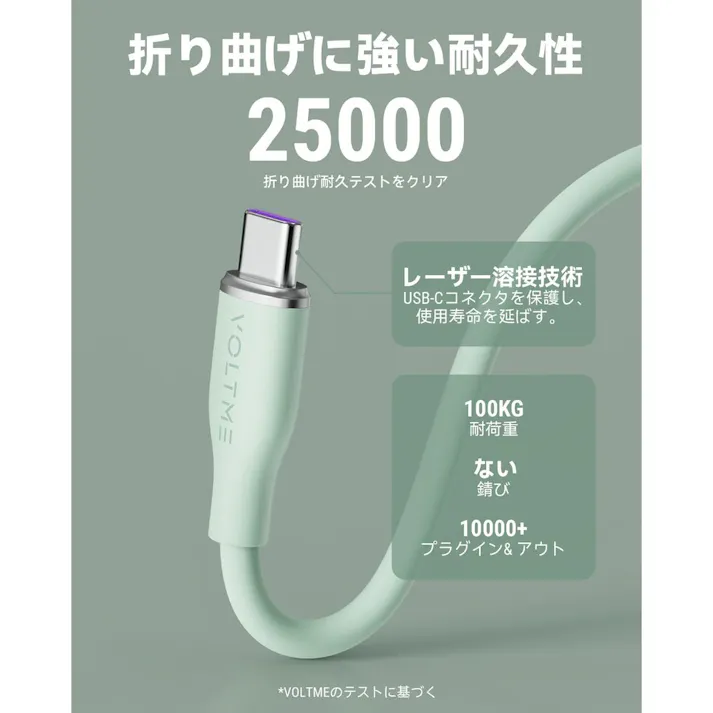 VOLTME モスシリーズ 5A・100W データ転送 充電 シリコンケーブル USB-C&USB-C 1m グリーン C2143