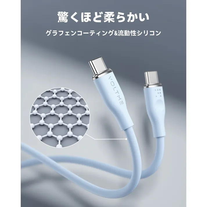 VOLTME モスシリーズ 5A・100W データ転送 充電 シリコンケーブル USB-C&USB-C 1.8m ブルー C2147
