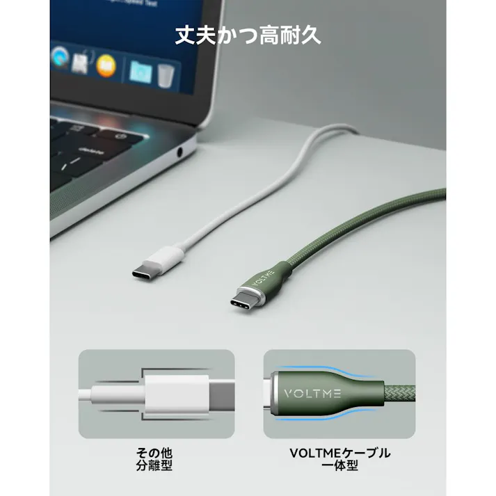 VOLTME ラグシリーズ 3A・60W データ転送 充電 高耐久編み込みナイロンケーブル USB-C&USB-C 1m グリーン C2160