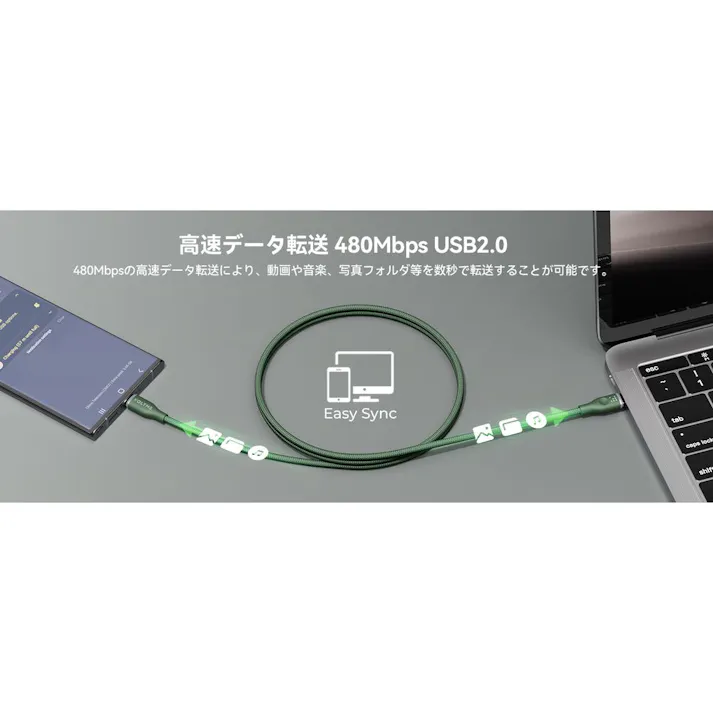 VOLTME ラグシリーズ 5A・100W データ転送 充電 高耐久編み込みナイロンケーブル USB-C&USB-C 1m グリーン C2168