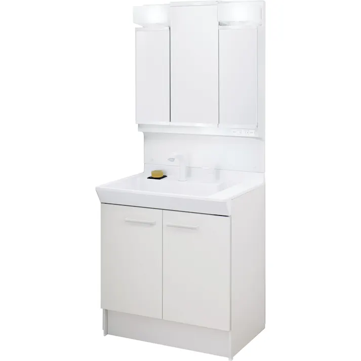 洗面化粧台 V1シリーズ 幅75cm 扉タイプ シングルレバー洗髪シャワー水栓 寒冷地 3面鏡くもり止め付セット ホワイト V1N1-755SYN/VP1H+MD7X3-753TYJU【別送品】