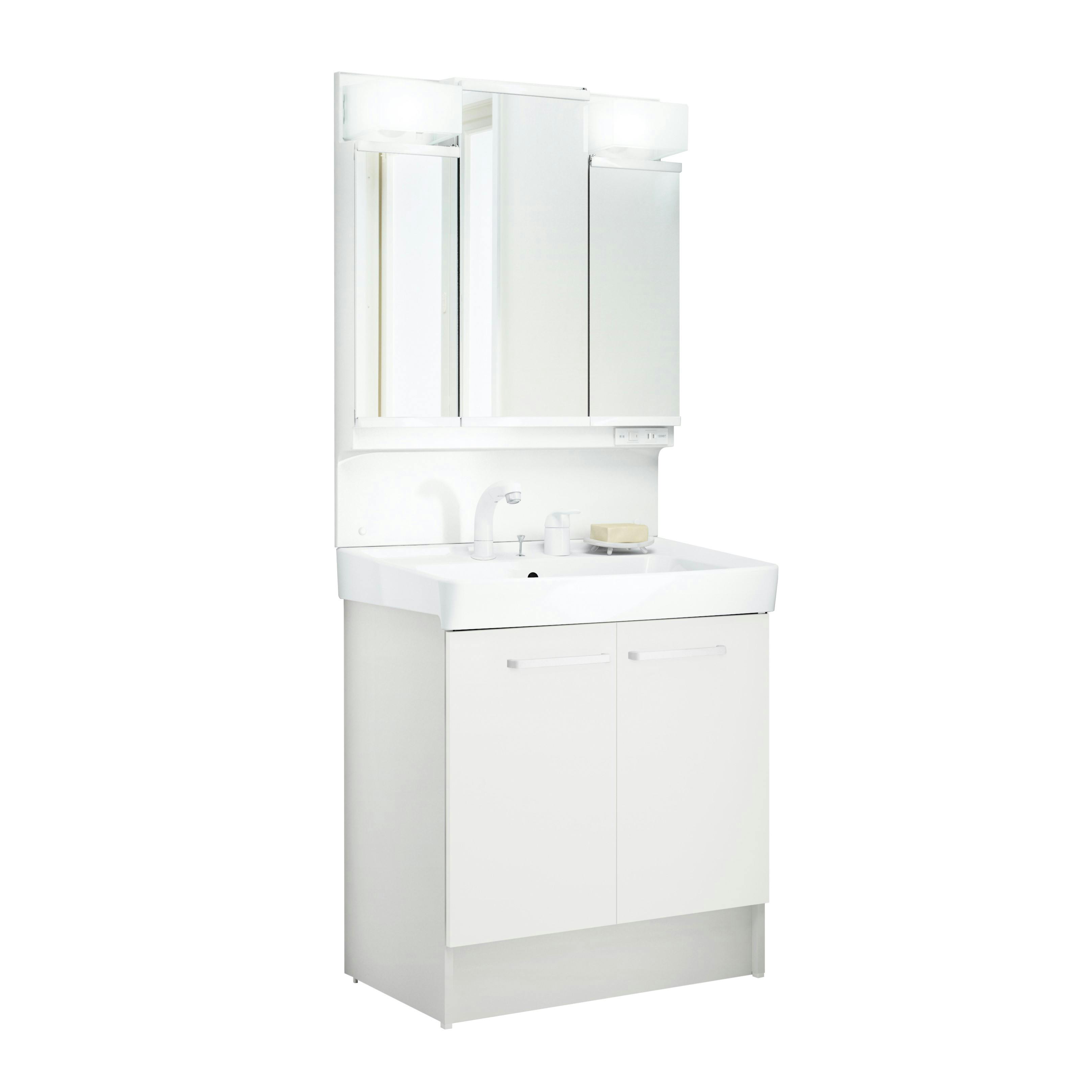 洗面化粧台 D7シリーズ 幅75cm 扉タイプ シングルレバー洗髪シャワー水栓 一般地 3面鏡くもり止め付セット ホワイト D7N6-755SY-W/VP1W+MD7X4-753TYJU【別送品】