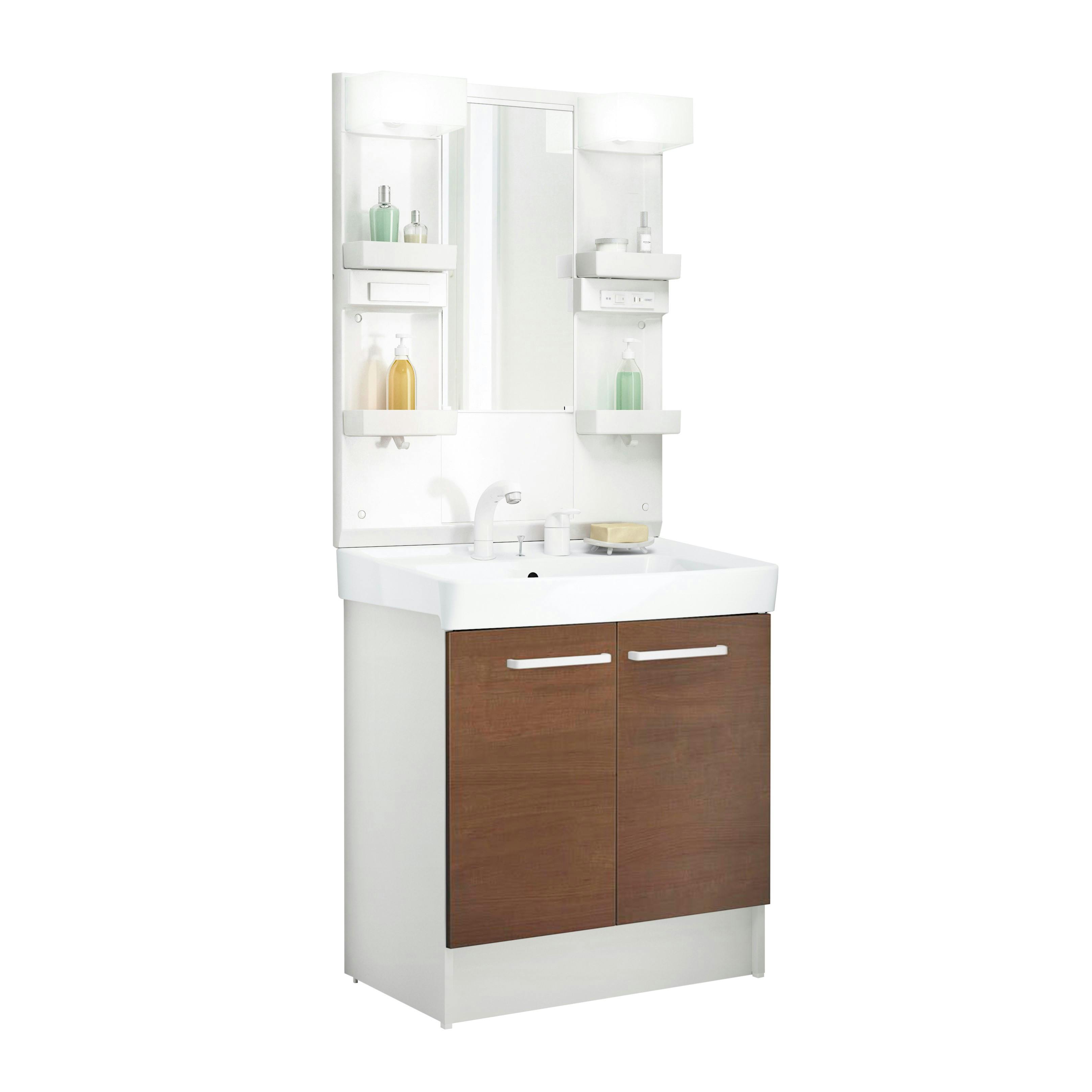 洗面化粧台 D7シリーズ 幅75cm 扉タイプ シングルレバー洗髪シャワー水栓 寒冷地 1面鏡くもり止め付セット クリエモカ D7N6-755SYN-W/LM2W+MD7X4-751YFJU【別送品】