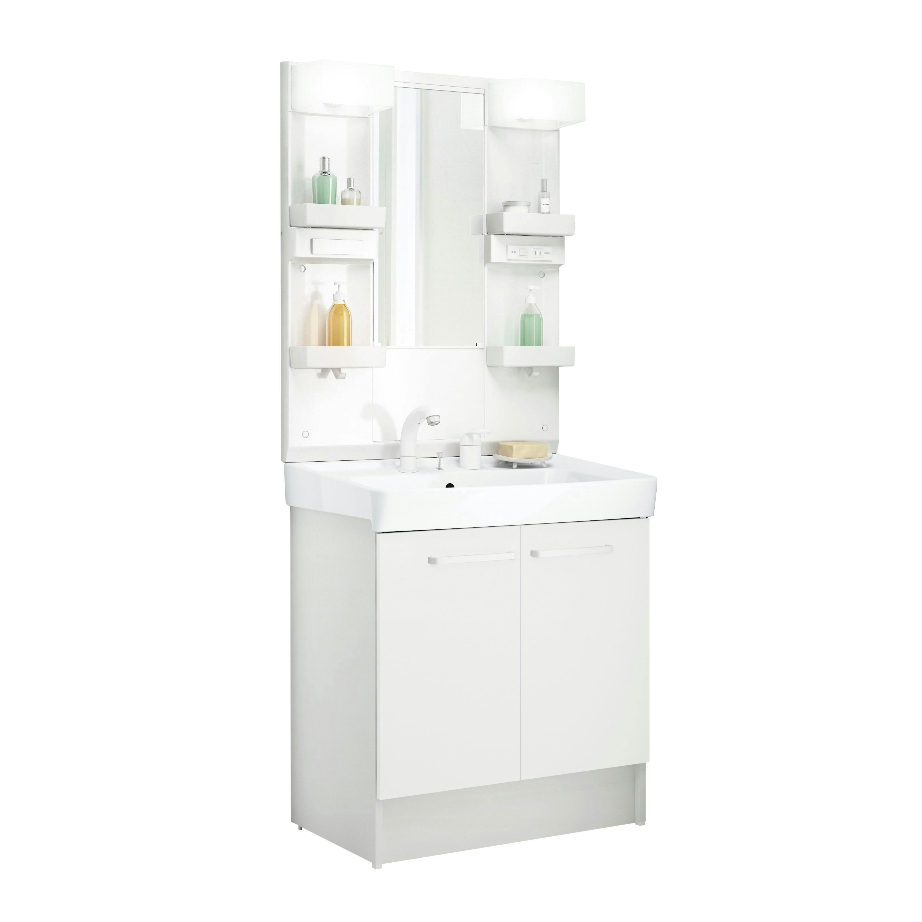 洗面化粧台 D7シリーズ 幅75cm 扉タイプ シングルレバー洗髪シャワー水栓 寒冷地 1面鏡くもり止め付セット ホワイト D7N6-755SYN-W/VP1W+MD7X4-751YFJU【別送品】