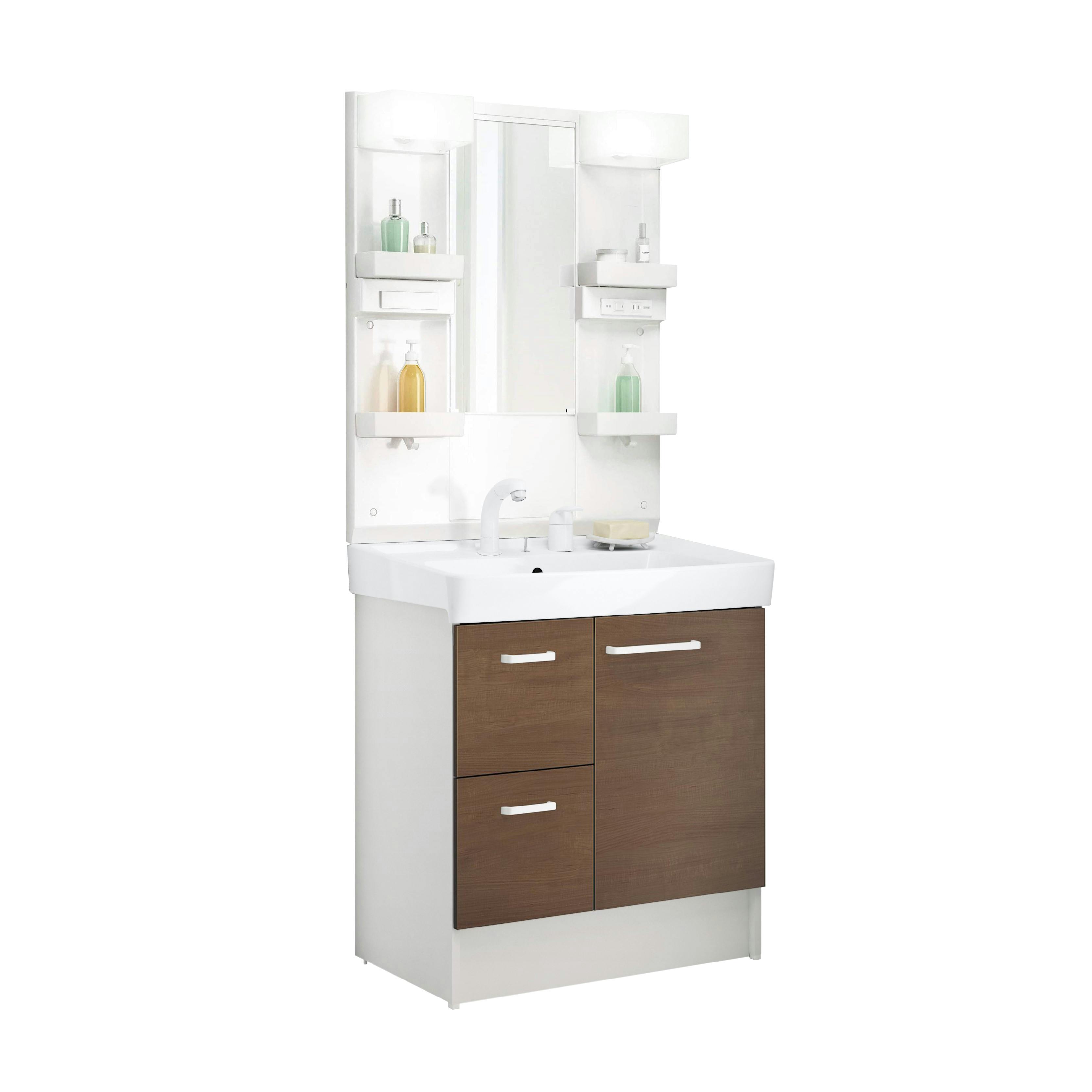 洗面化粧台 D7シリーズ 幅75cm 片引出タイプ シングルレバー洗髪シャワー水栓 一般地 1面鏡くもり止め付セット クリエモカ D7H6-755SY-W/LM2W+MD7X4-751YFJU【別送品】