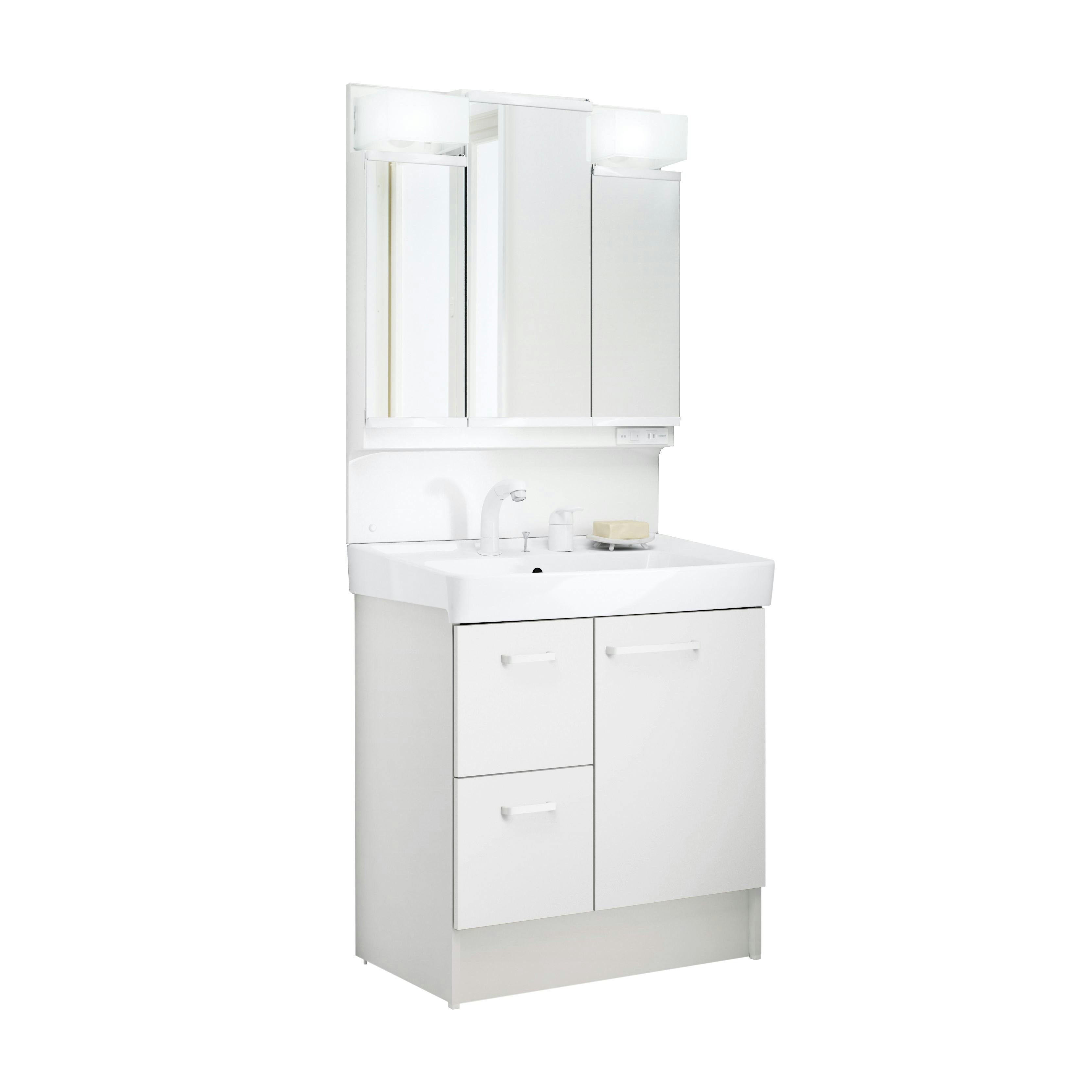 洗面化粧台 D7シリーズ 幅75cm 片引出タイプ シングルレバー洗髪シャワー水栓 一般地 3面鏡くもり止め付セット ホワイト D7H6-755SY-W/VP1W+MD7X4-753TYJU【別送品】