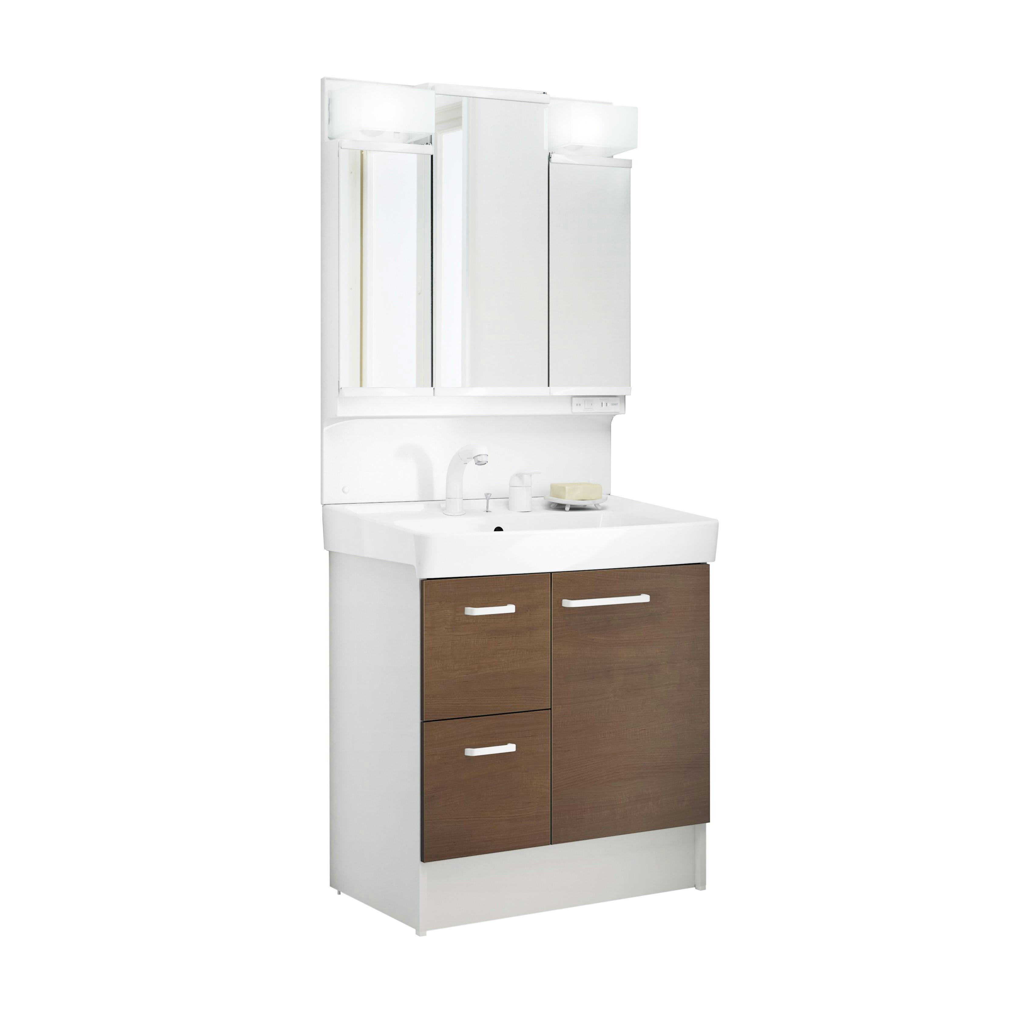 洗面化粧台 D7シリーズ 幅75cm 片引出タイプ シングルレバー洗髪シャワー水栓 寒冷地 3面鏡くもり止め付セット クリエモカ D7H6-755SYN-W/LM2W+MD7X4-753TYJU【別送品】