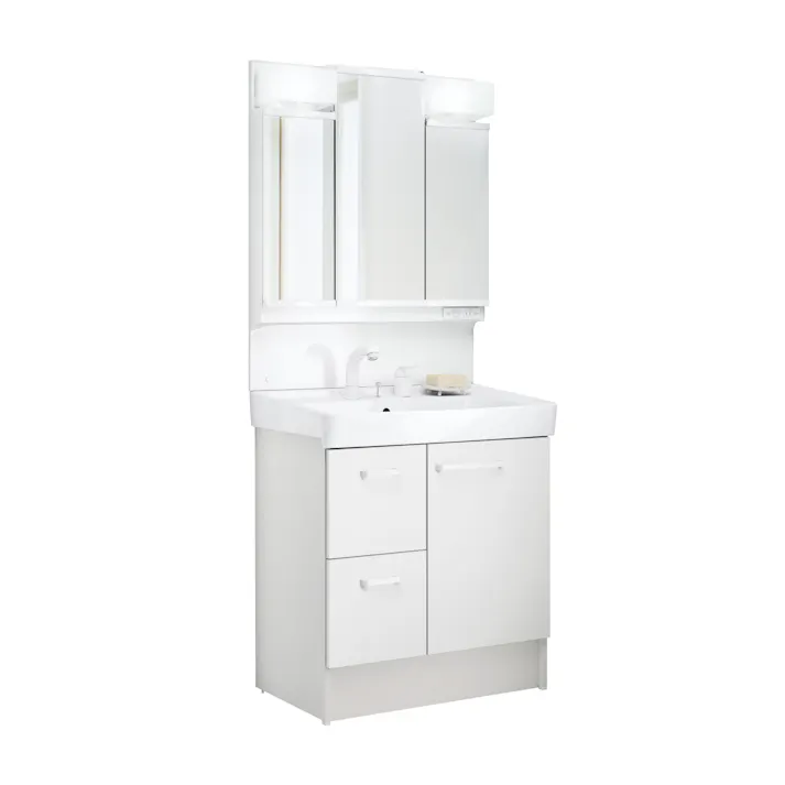 洗面化粧台 D7シリーズ 幅75cm 片引出タイプ シングルレバー洗髪シャワー水栓 寒冷地 3面鏡くもり止め付セット ホワイトD7H5-755SYN-W/VP1W+MD7X3-753TYJU【別送品】