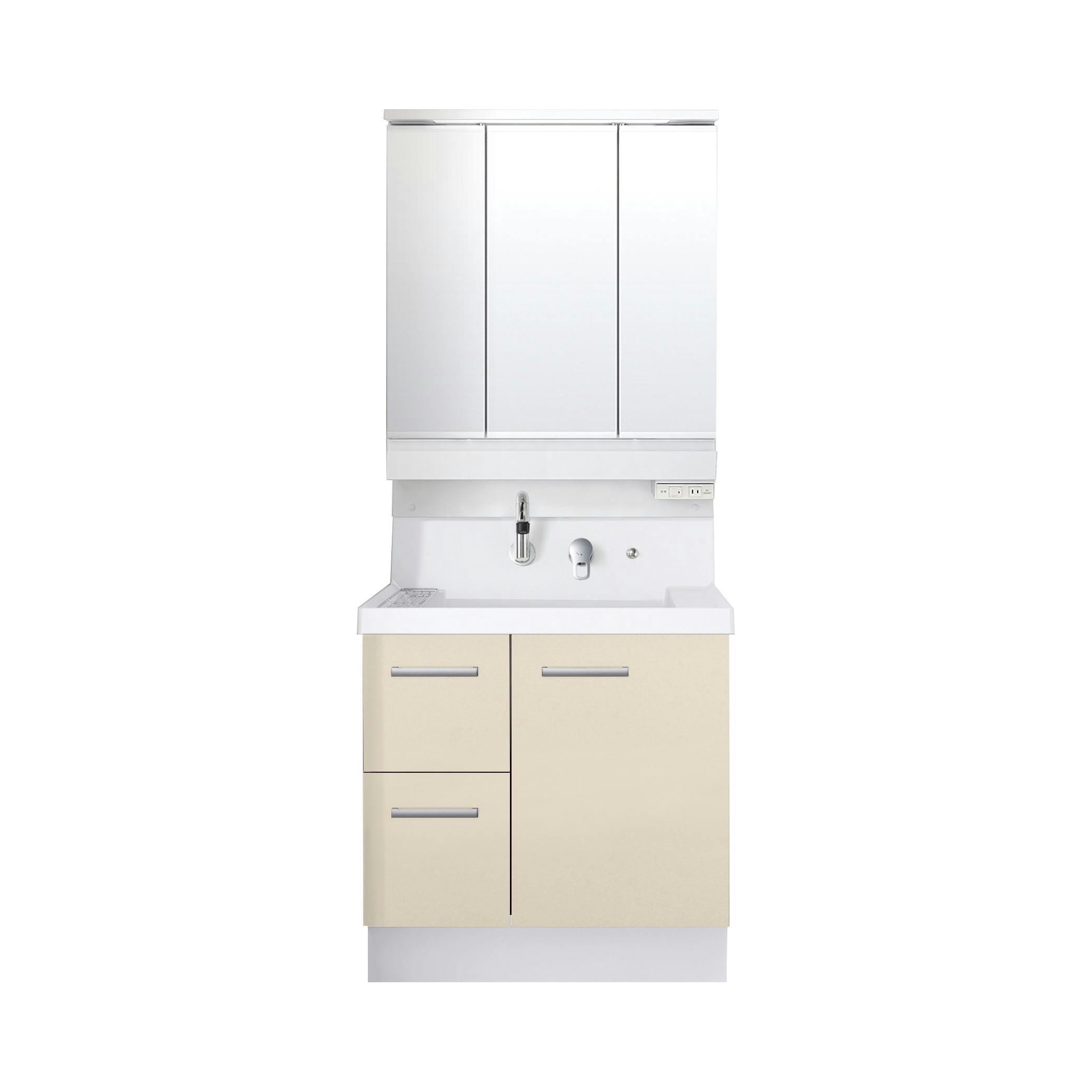 洗面化粧台 K1シリーズ 幅75cm 片引出タイプ 寒冷地 スマートポケット付3面鏡セット ライトベージュ K1H5-755SYN/HV2H+MK1X4-753KXJU【別送品】