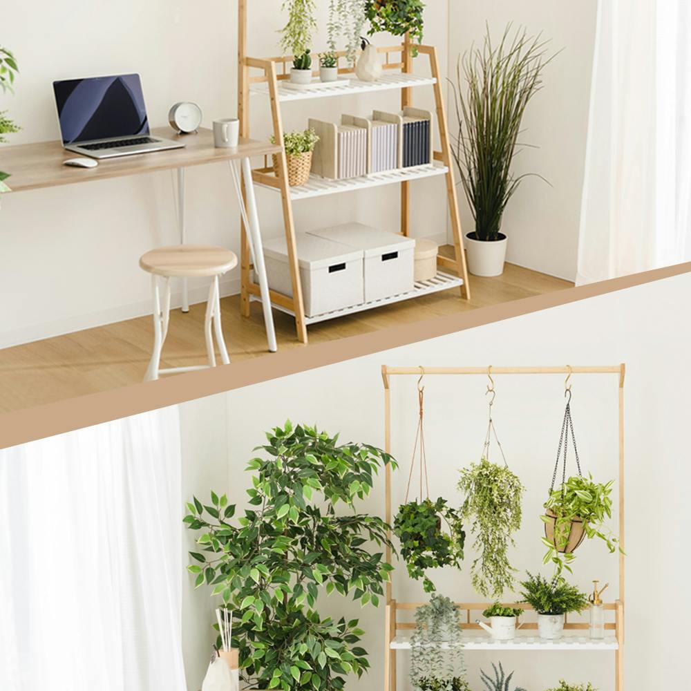 ハンガー付き プランターラック3段 ホワイト/ナチュラル 63×40×164