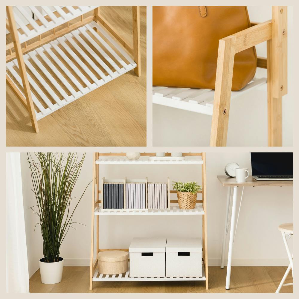 ハンガー付き プランターラック3段 ホワイト/ナチュラル 63×40×164