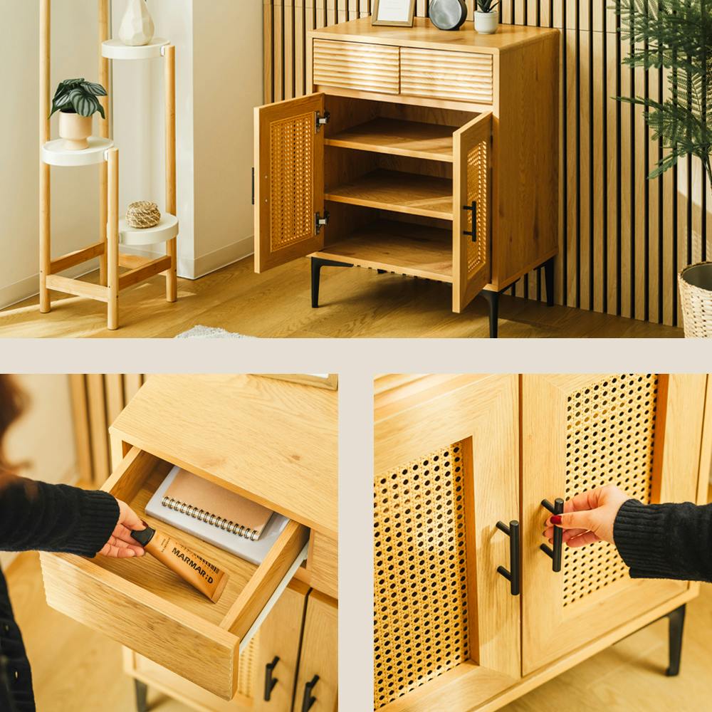 ラタン調サイドボード引き出し付 ナチュラル 60×40×80cm 収納 木目調
