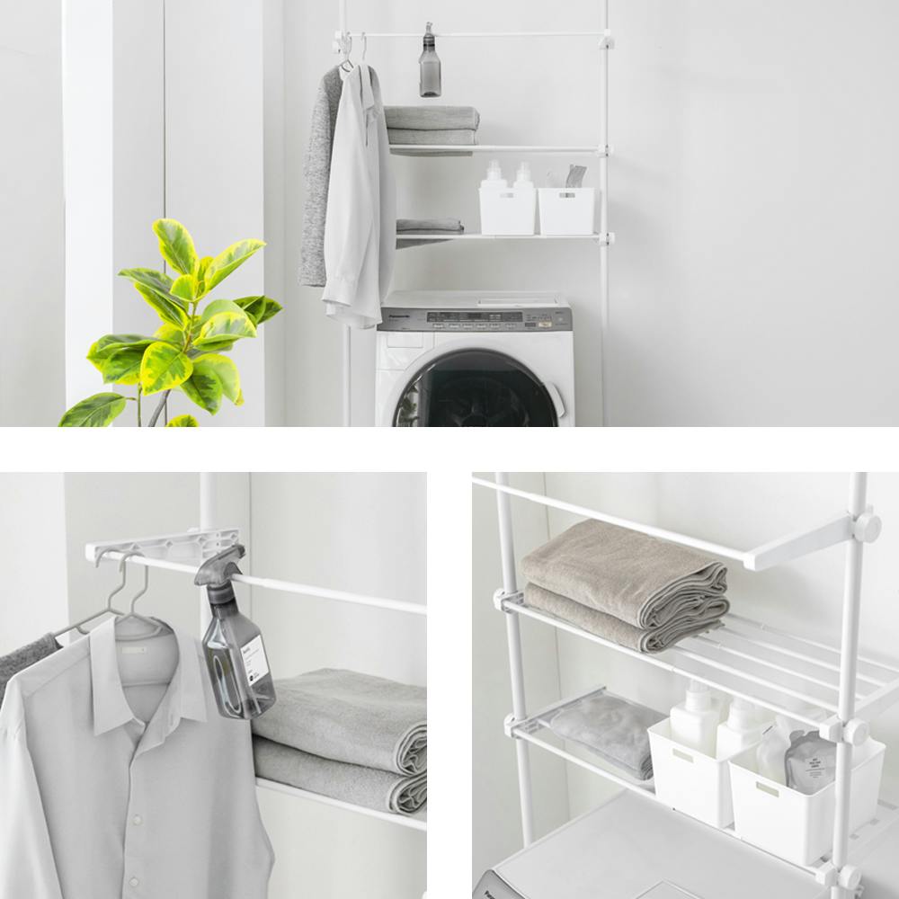 突っ張り洗濯機ラック ハンガー付き ホワイト 90×48×295cm 収納 タオル