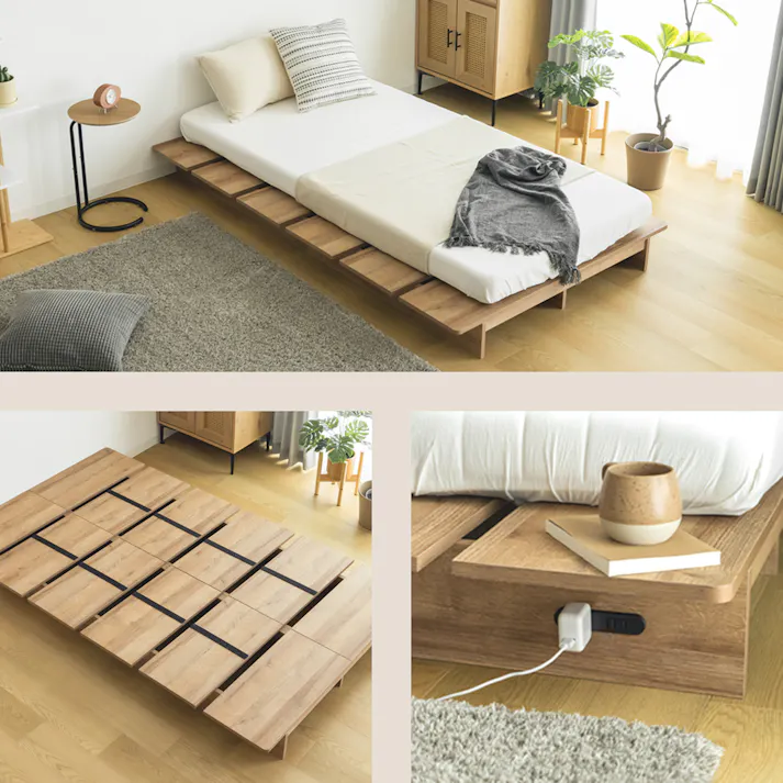 ステージベッド コンセント付きシングル ナチュラル 120×200×17 ラテラタン ラタン調 ローベッド LN-H-STBSNA【別送品】