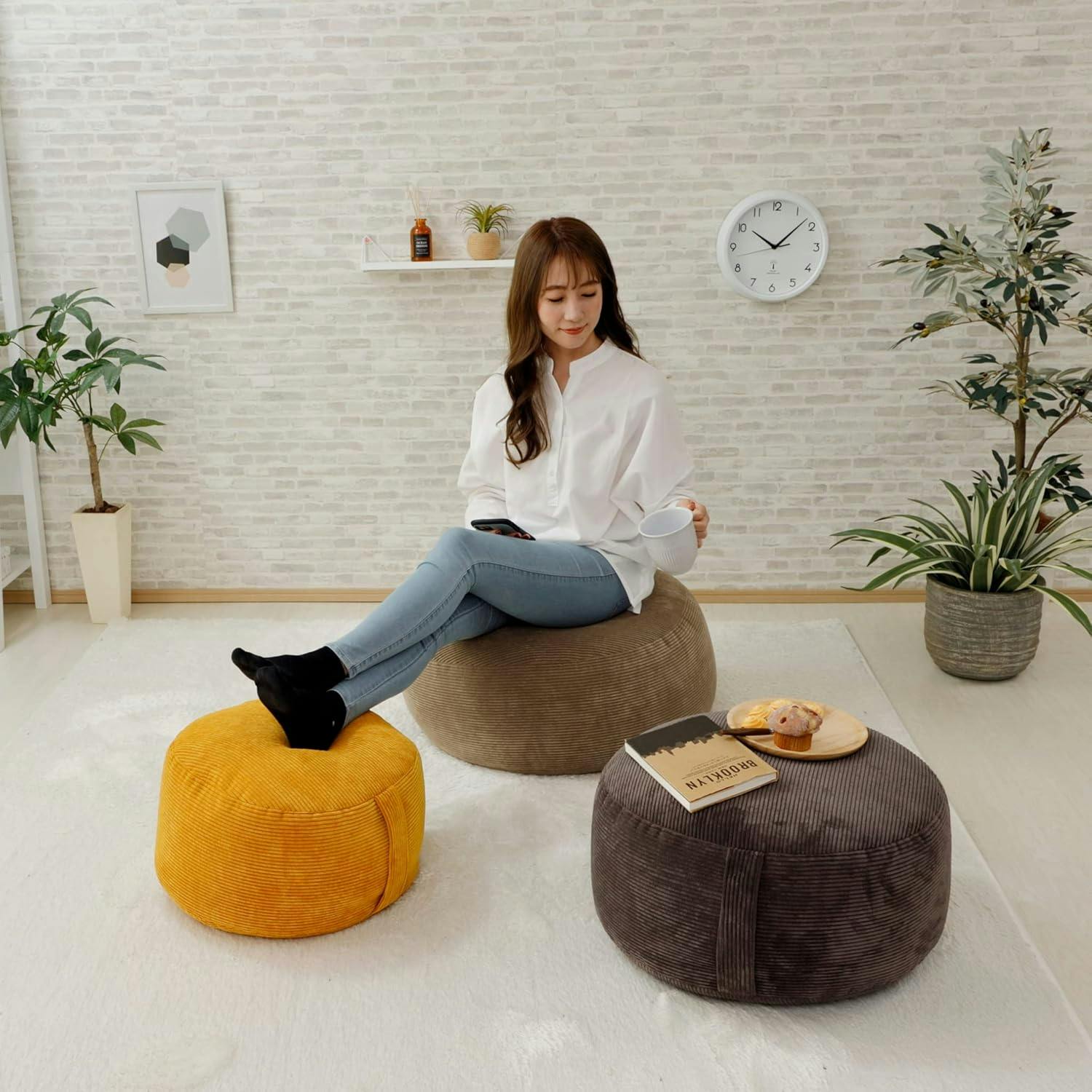 ビーズクッション 丸型 Lサイズ コーデュロイ生地 ワインレッド 日本製