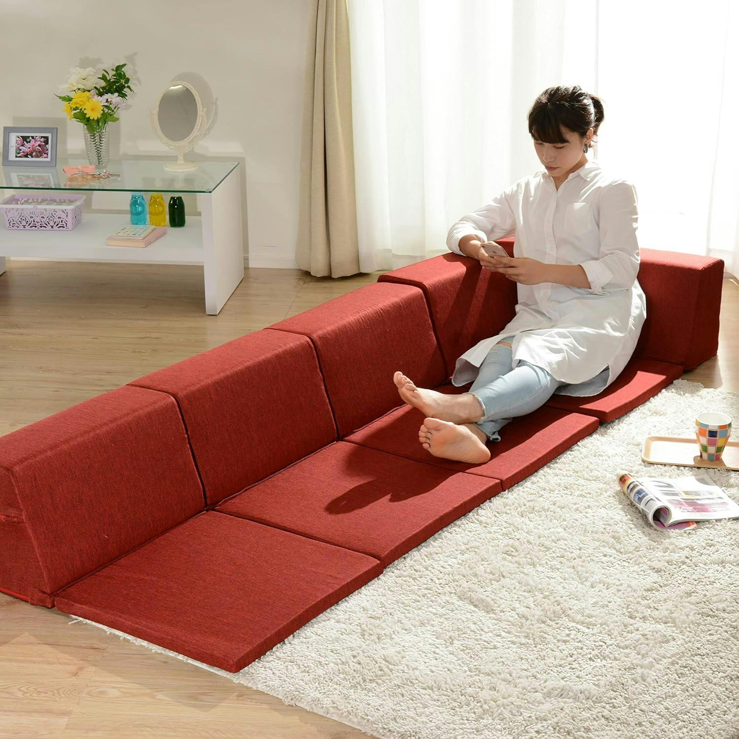 和楽のZONIA ローソファー 4点セット レイアウト自在 タスクブルー