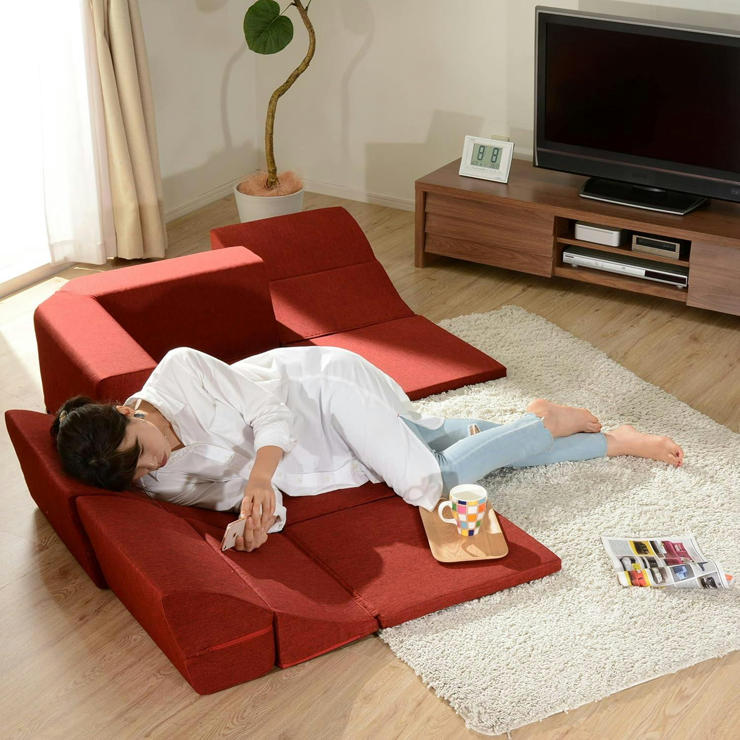 和楽のZONIA ローソファー 4点セット レイアウト自在 タスクレッド