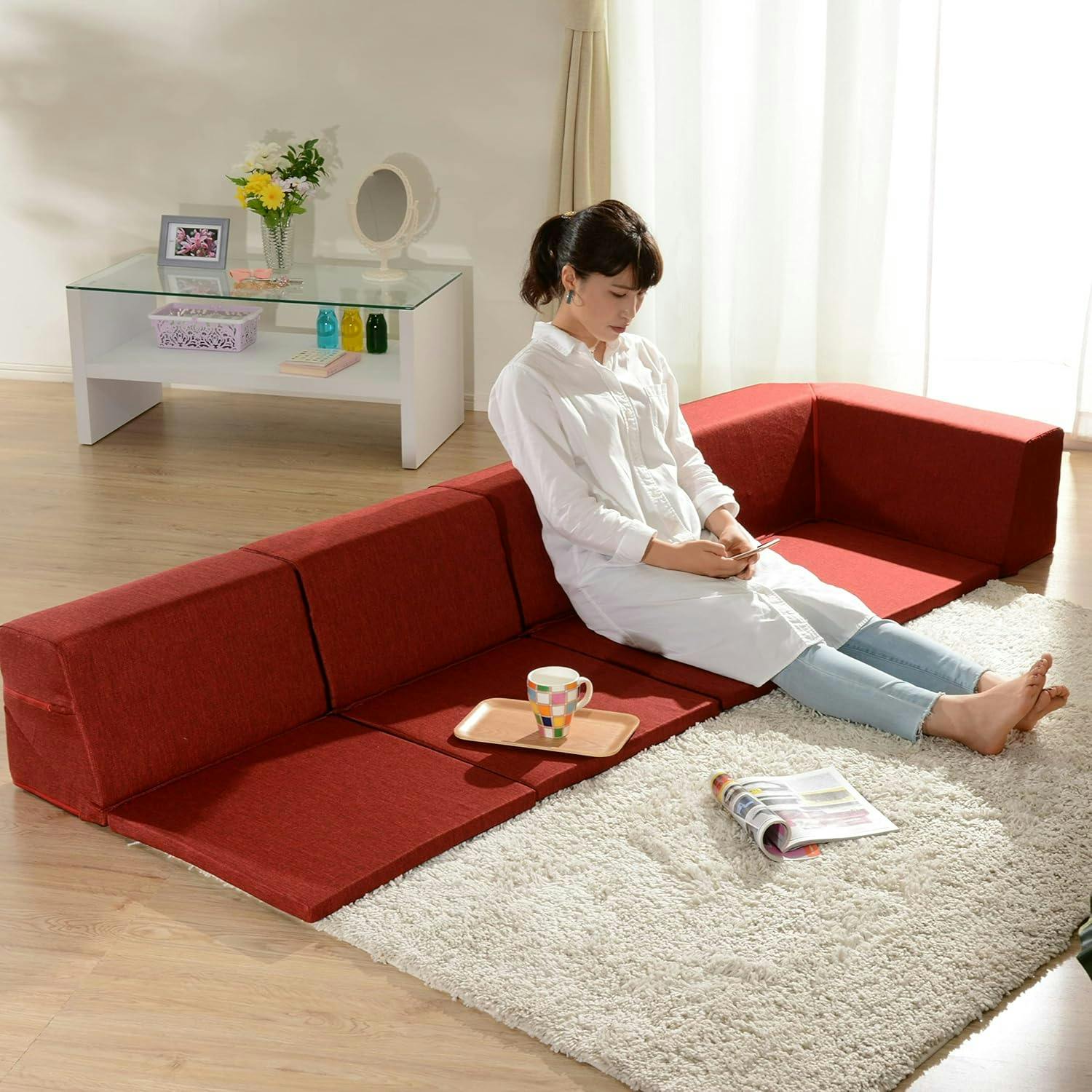 和楽のZONIA ローソファー 4点セット レイアウト自在 タスクレッド