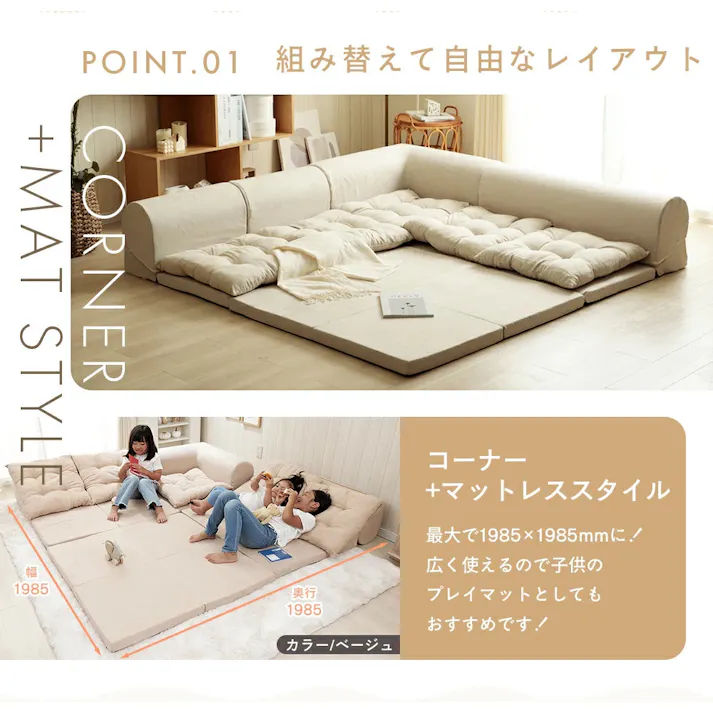 ローソファー コーナーソファセット マット・クッション付 サイクルネイビー 日本製 A1319a-688NVY【別送品】