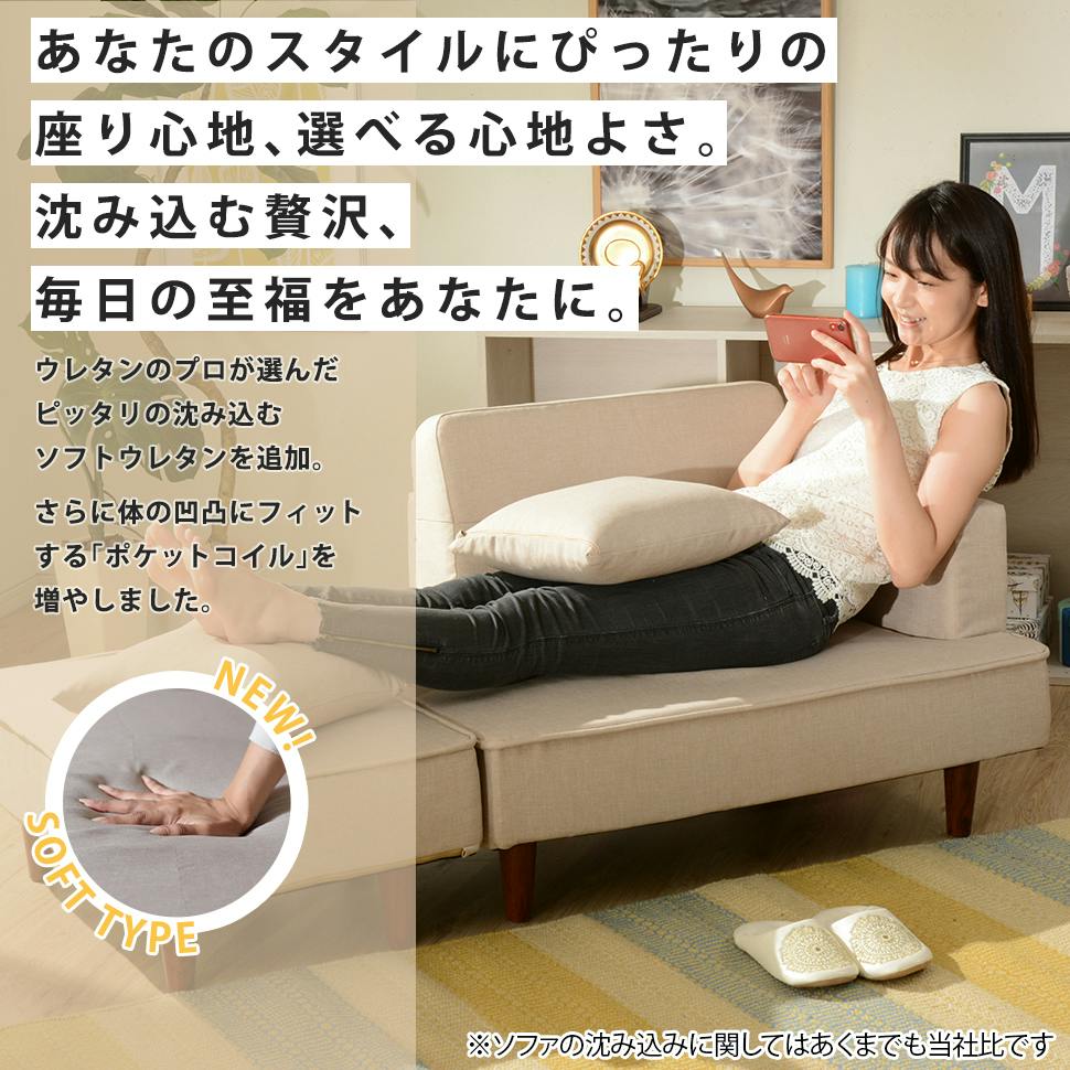 ソファー 2人掛け 肘掛け 左肘 ソフトタイプ クッション付き